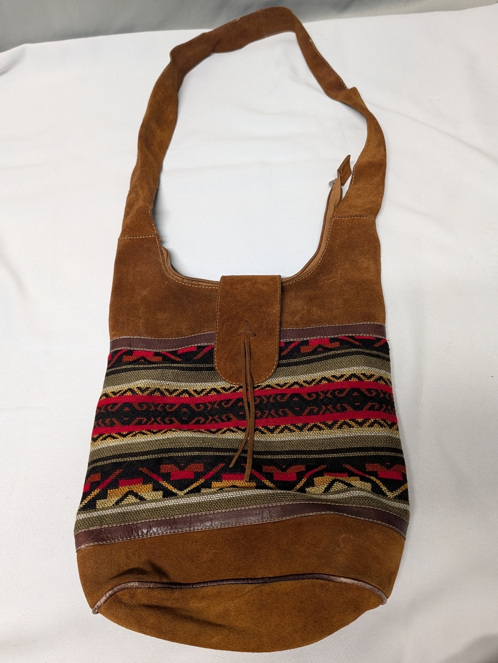 Boho Suede Crossbody Hobo Bag in Brown with Multicolor Pattern